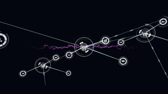 紫色爆炸中带有数字图标的连接网络动画