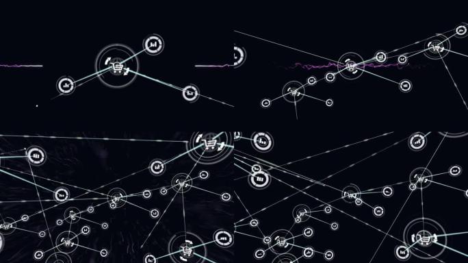 紫色爆炸中带有数字图标的连接网络动画