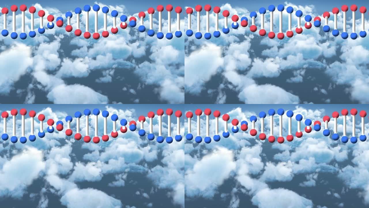 dna链在多云的蓝天上旋转的动画
