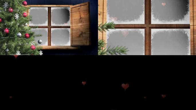 圣诞树和窗框上的多个红色心脏图标落在黑色背景下