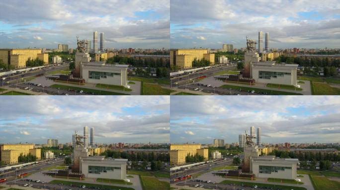 俄罗斯晚间时间莫斯科市vdnh著名纪念碑城市景观空中全景4k
