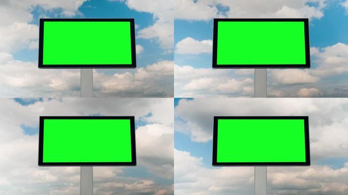 空白的绿色广告牌和移动的白云再次出现蓝天-延时