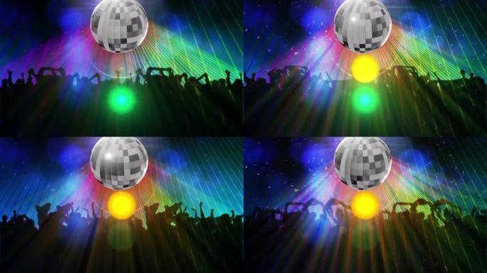 mirrorball的动画和舞蹈人群中的五颜六色的灯光
