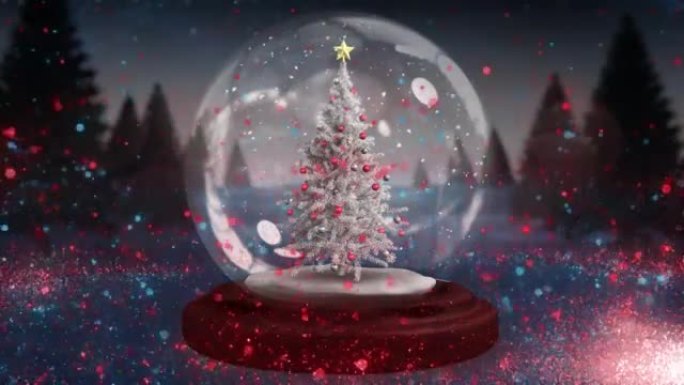 冬天的风景中，蓝色的流星在雪花玻璃球中围绕着圣诞树旋转