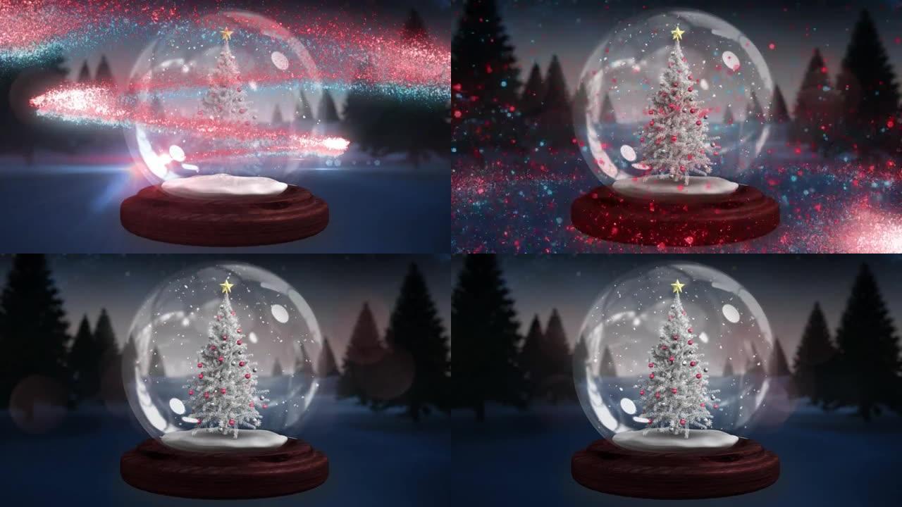 冬天的风景中，蓝色的流星在雪花玻璃球中围绕着圣诞树旋转