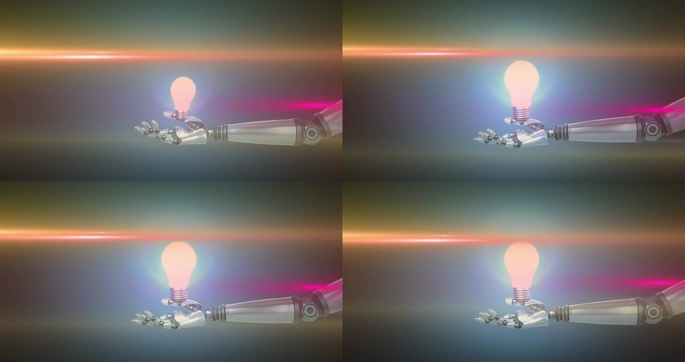 机器人手臂上的照明灯泡的动画，灰色的橙色和粉红色光束