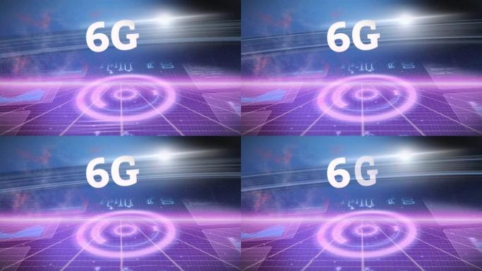 6g文本对圆形扫描仪，微处理器连接和蓝色背景上的光斑