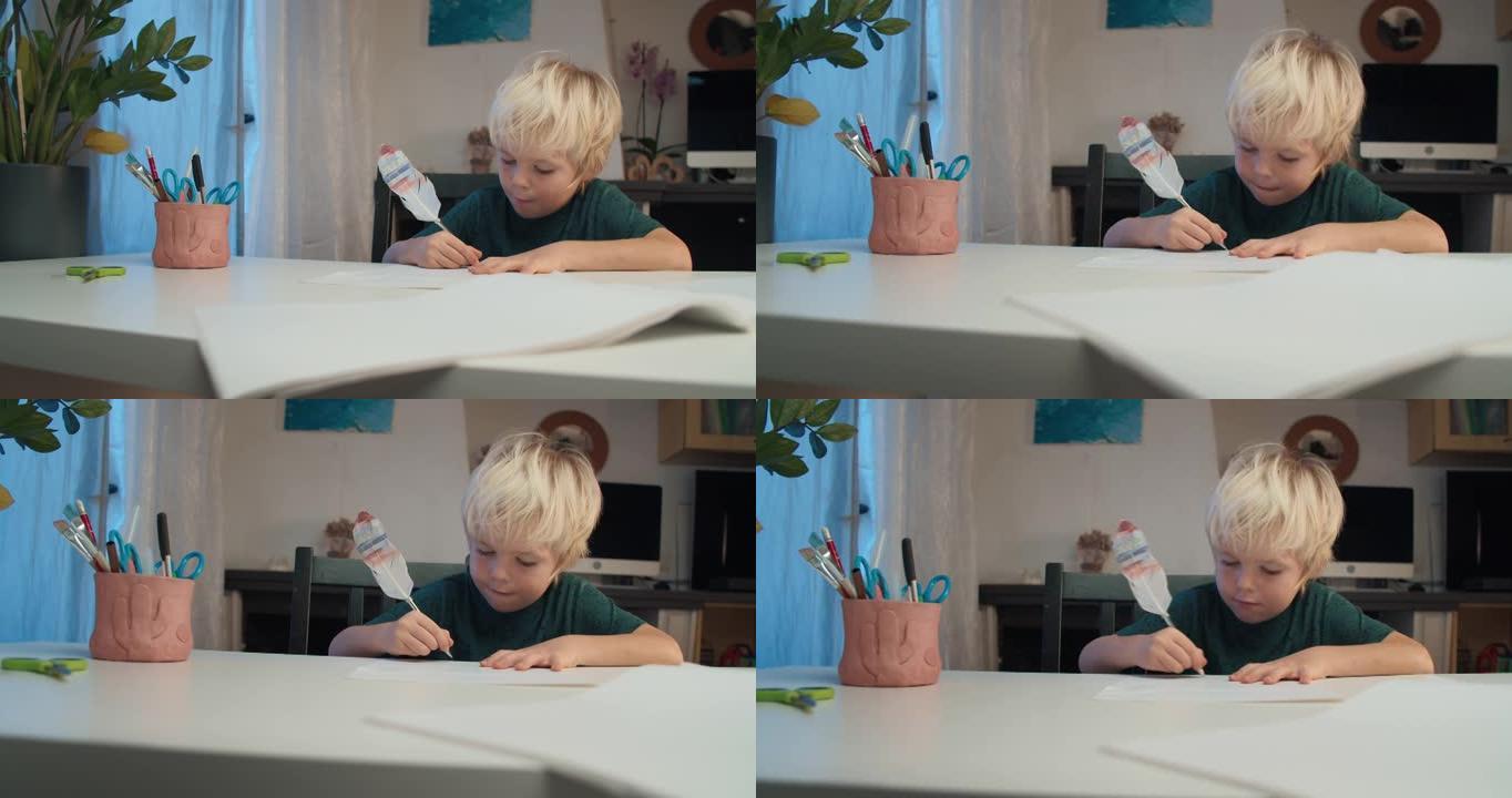 晚上在家中用笔和羽毛笔在白纸上绘画儿童