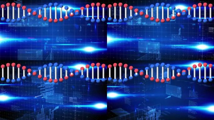 dna链旋转的动画，在发光的蓝光上进行数字数据处理