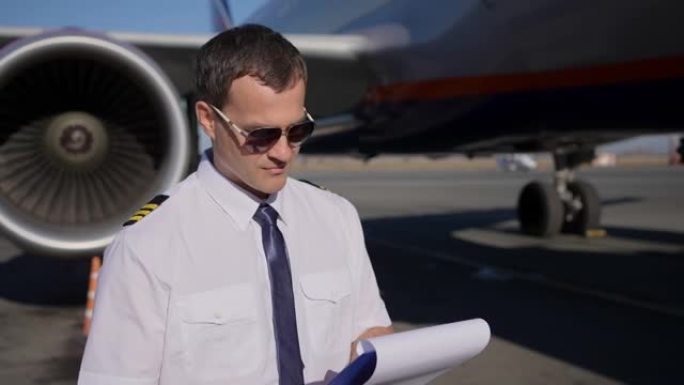 机场，飞行员，飞机。自信的男性飞行员工人航空工程师检查背景飞机的飞行安全。旅游专业旅游交通专业人概念