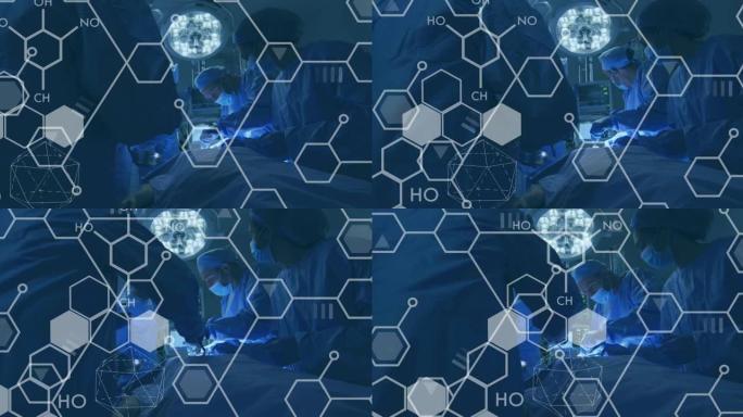 医院手术室中外科医生的化合物数据动画