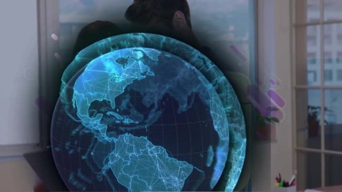 全球网络处理数据的动画和办公室工作中的男人和女人的紫色条纹