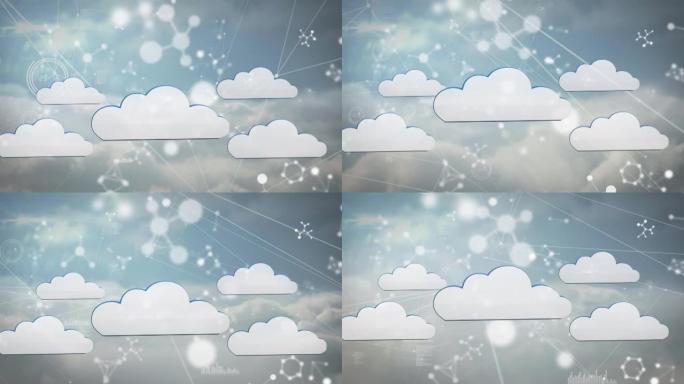 蓝色背景上的数字云和云层上的分子动画