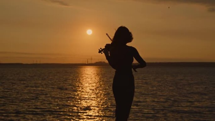 日出时女小提琴手的剪影