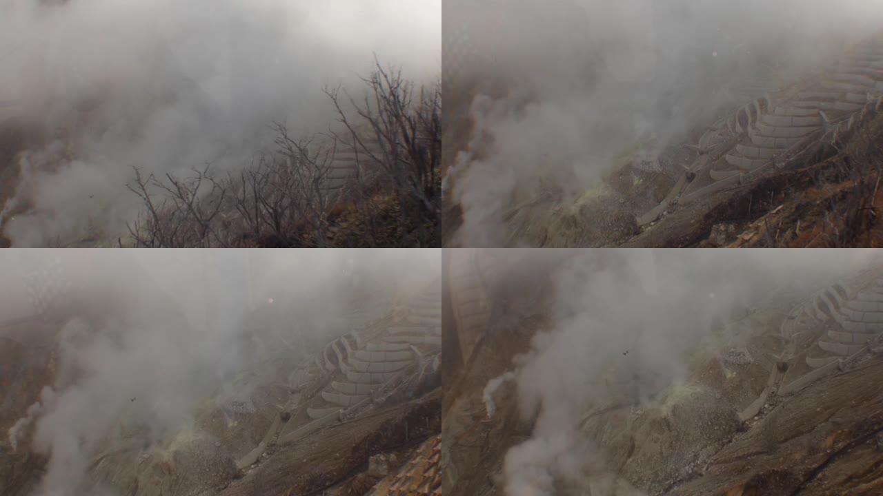 日本火山山谷被硫磺烟雾覆盖的鸡蛋生产工厂。