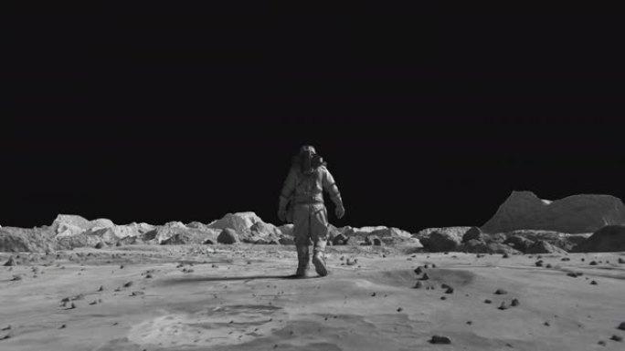 勇敢的宇航员穿着太空服自信地与阿尔法通道一起在月球表面行走。月球表面，散布着小石头和沙子。飞越月球陨