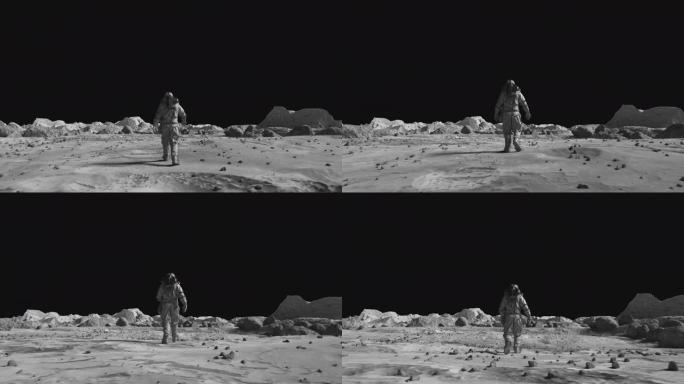 勇敢的宇航员穿着太空服自信地与阿尔法通道一起在月球表面行走。月球表面，散布着小石头和沙子。飞越月球陨
