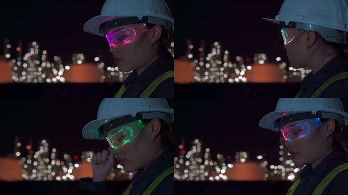 Asien女工程师在夜间在石油工业工厂使用虚拟现实眼镜