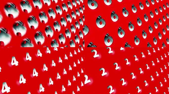 抽象数字10到0倒计时高科技网格图案红色背景。4K 3D十秒倒计时霓虹灯数字无缝循环，适用于节日、V