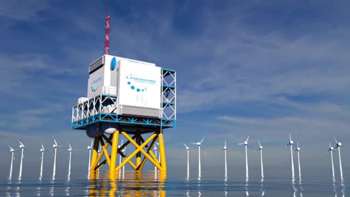氢气H2可再生海上能源生产-清洁电力用绿色氢气太阳能和风力涡轮机设施