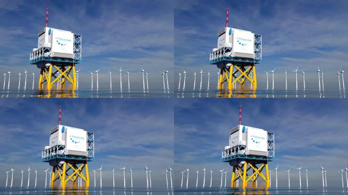 氢气H2可再生海上能源生产-清洁电力用绿色氢气太阳能和风力涡轮机设施