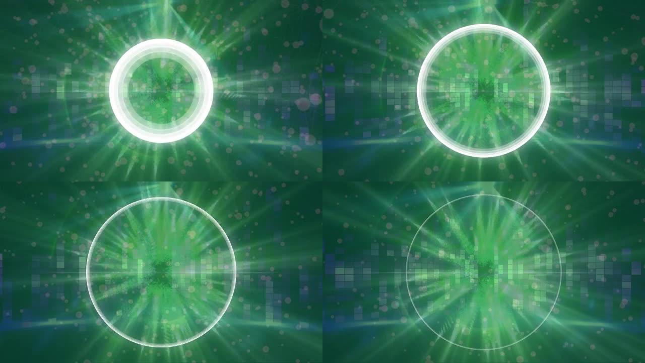 在绿色背景上旋转的圆圈在发光线上的动画