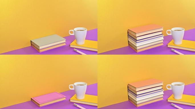一堆精装复古书籍和一杯带铅笔的咖啡出现在紫色金色主题上。停止运动动画