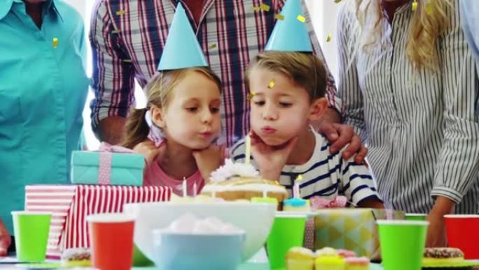 在生日聚会上，五彩纸屑掉落在生日蛋糕上的人的动画
