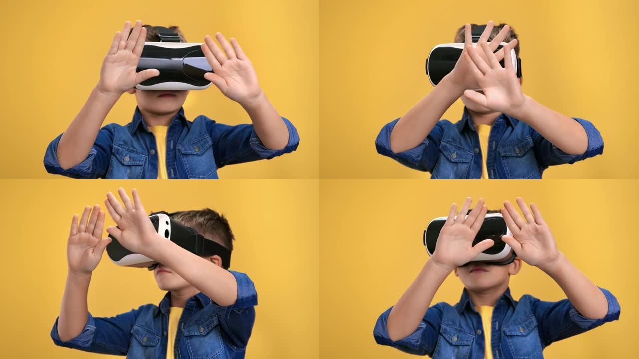 戴着虚拟现实护目镜的男孩举手网络空间沉浸孤立的橙色工作室