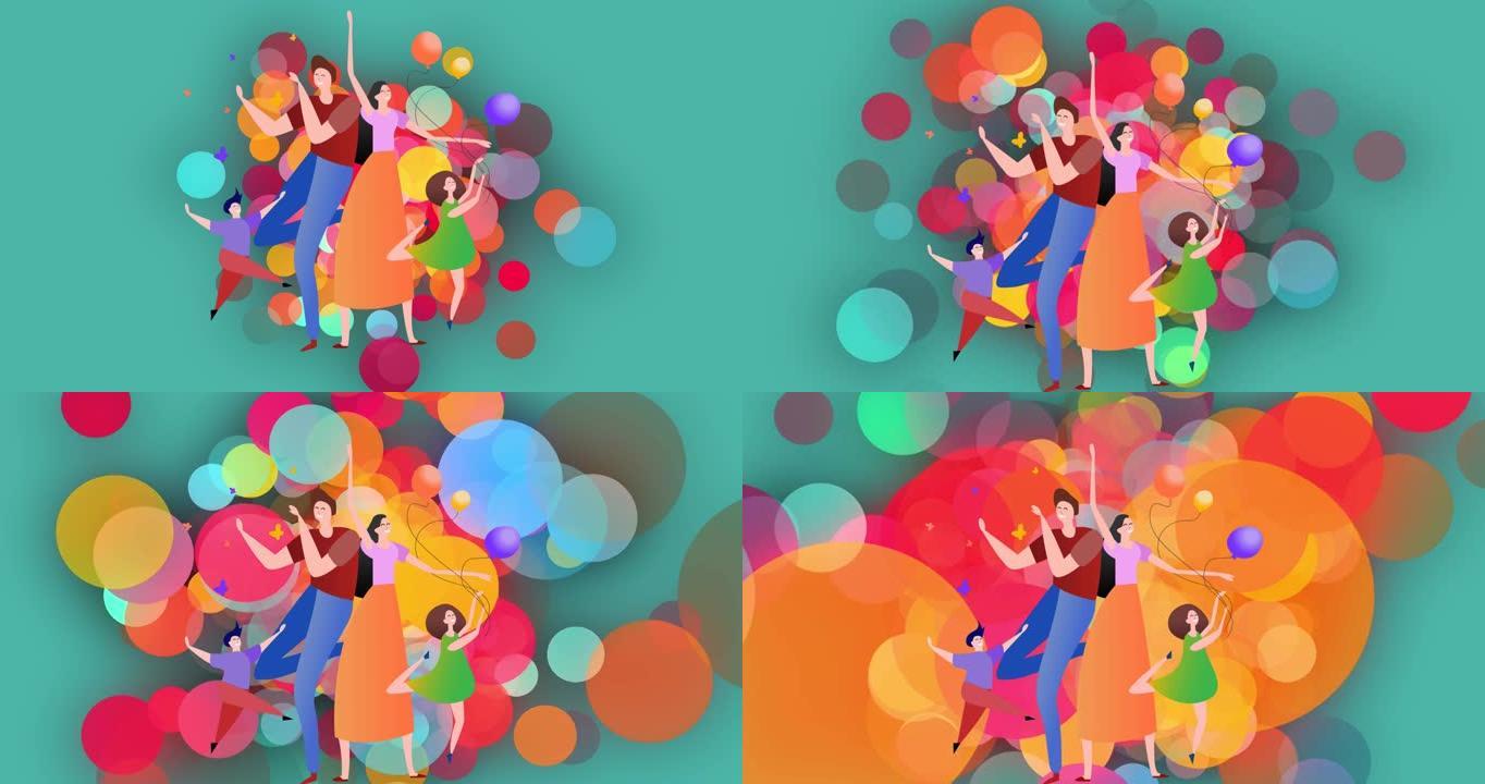 蓝色背景上的快乐家庭与气球共舞动画