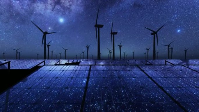 太阳能电池板和风力涡轮机星夜的3D动画