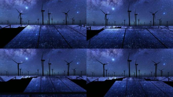 太阳能电池板和风力涡轮机星夜的3D动画