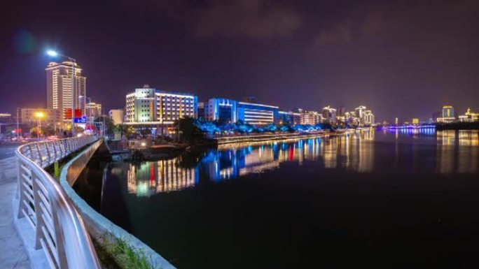 夜间照明三亚市滨河交通街大桥全景4k延时中国海南岛