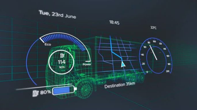车辆接口上的速度计，gps和充电状态数据的动画，通过3d卡车模型