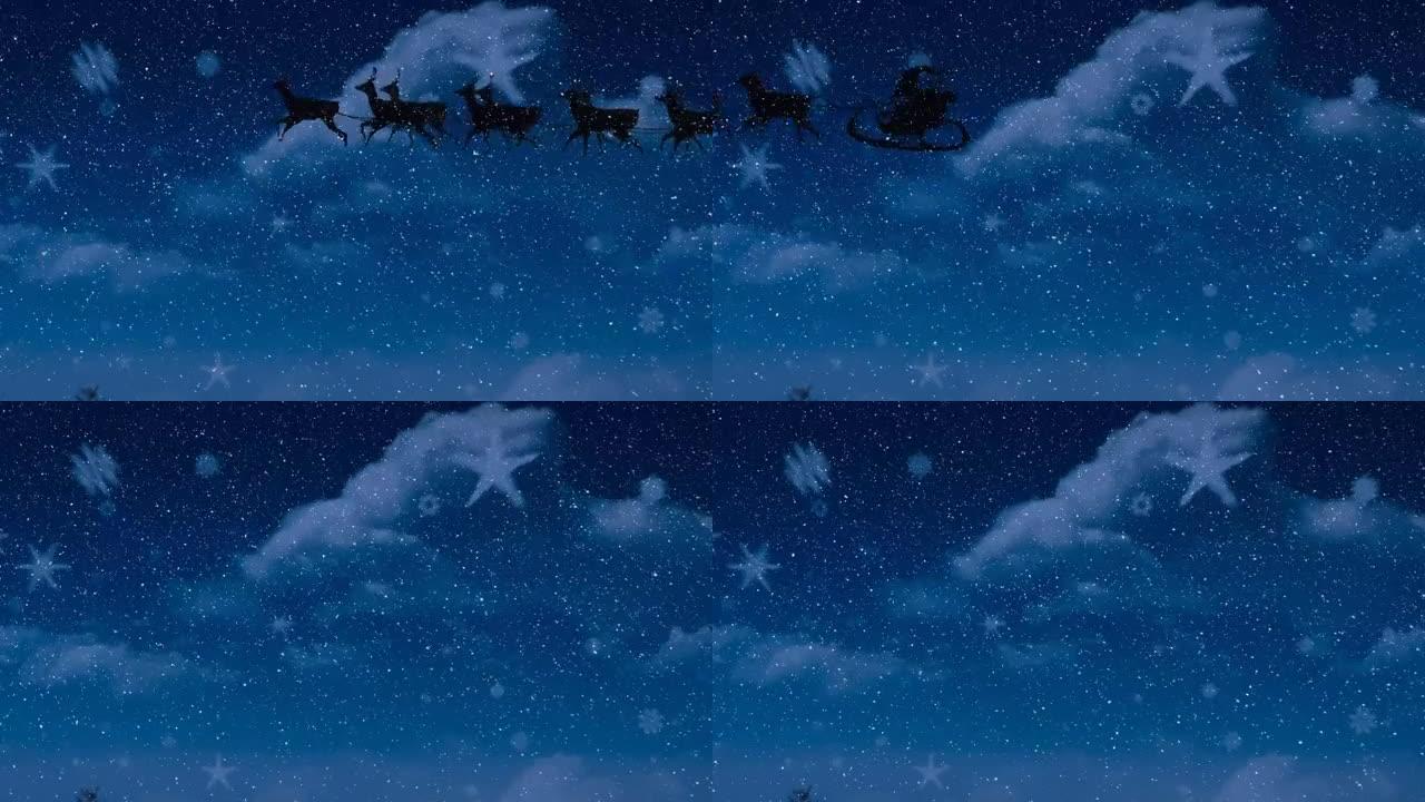 圣诞老人在雪橇上的动画与驯鹿在降雪和天空中