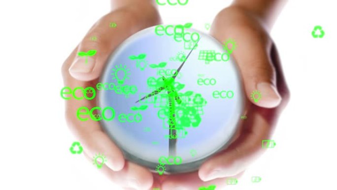 生态理念与环境、可持续能源发展。可持续资源概念。持有风力涡轮机