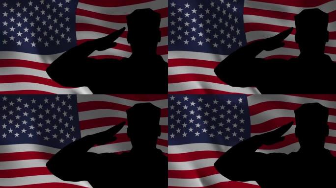 军人向国旗敬礼，美国退伍军人节剪影庆典