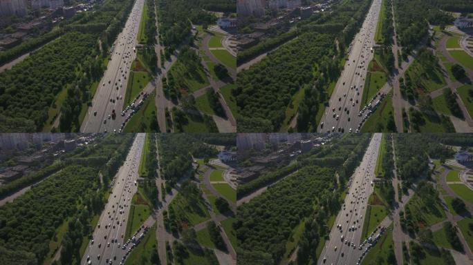 俄罗斯日间现代莫斯科市著名的库图佐夫斯基交通大道空中全景4k