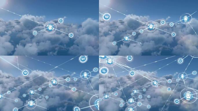 蓝天背景上云上的图标连接网络动画