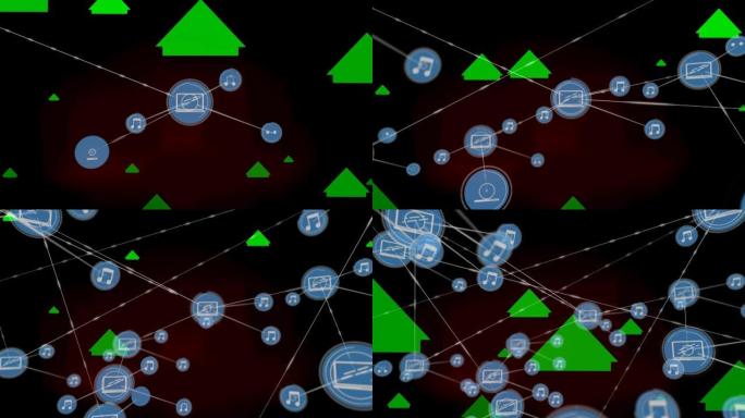 黑色背景上箭头上的计算机连接网络动画图标