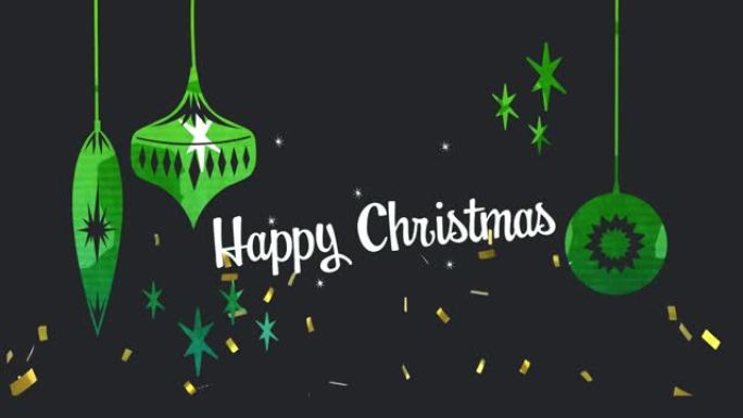 白色文字圣诞快乐动画，金色五彩纸屑和悬挂绿色装饰，黑色