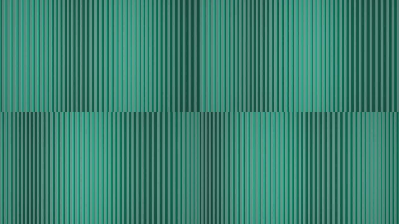 垂直线创建一个波平面。绿色作为商业演讲的背景至高无上。质地柔软。渲染球的循环3d动画。有百叶窗的作用