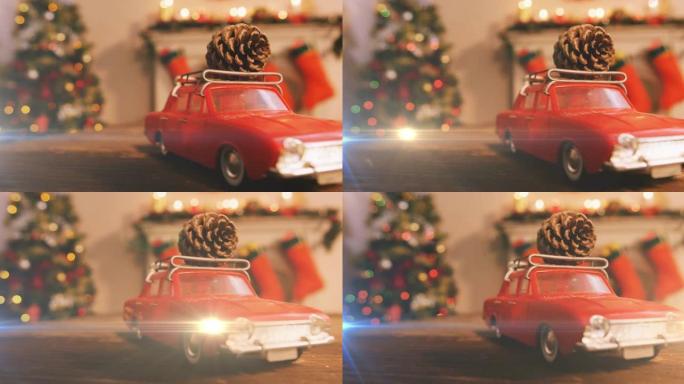 汽车和松果在圣诞节装饰上的光组成