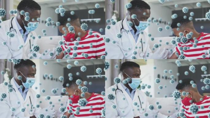 在接受疫苗接种的非裔美国男孩脸上的covid 19细胞的动画