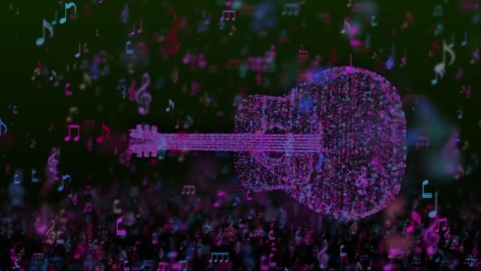 旋转吉他粒子的全息图。具有彩色音符，谱号和其他音乐谱仪符号的乐器3D动画无缝循环