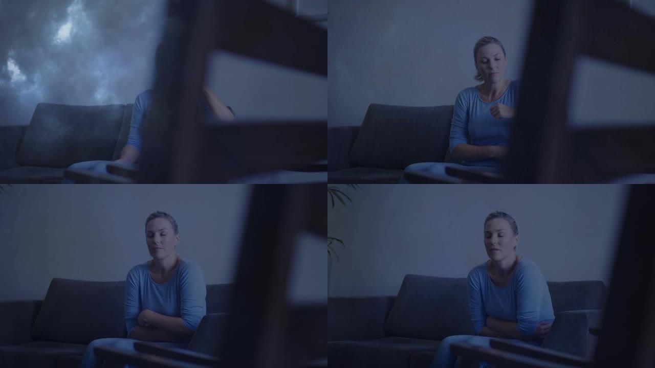 白人妇女坐在暴风雨的沙发上的动画