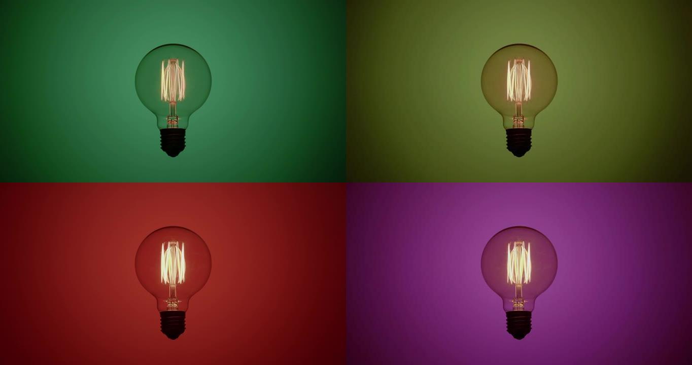 钨丝灯泡闪烁在RGB光背景上。