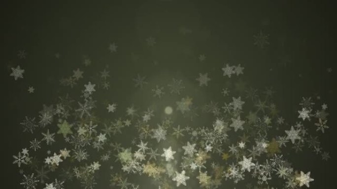 黑暗背景上的4k金色五彩纸屑雪花。神奇的新年快乐纹理。3D渲染视频圣诞快乐背景