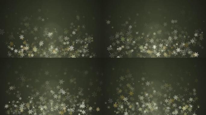 黑暗背景上的4k金色五彩纸屑雪花。神奇的新年快乐纹理。3D渲染视频圣诞快乐背景