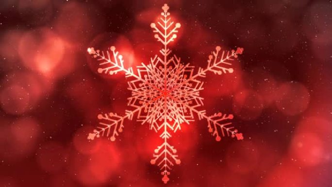 红色背景上的圣诞雪花装饰上的雪花飘落动画